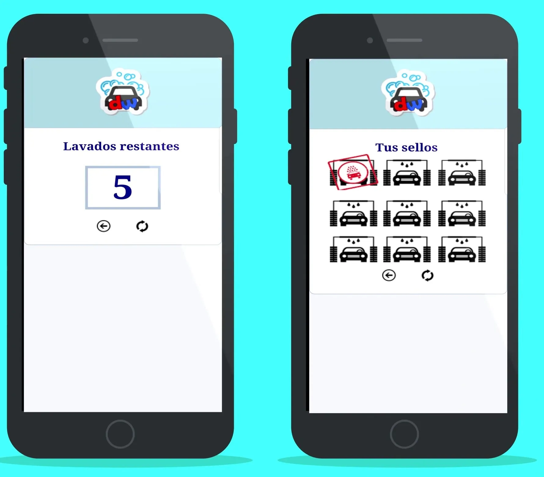 Pantalles de l'app de Dynamic Wash: rentats restants i cartilla de segells