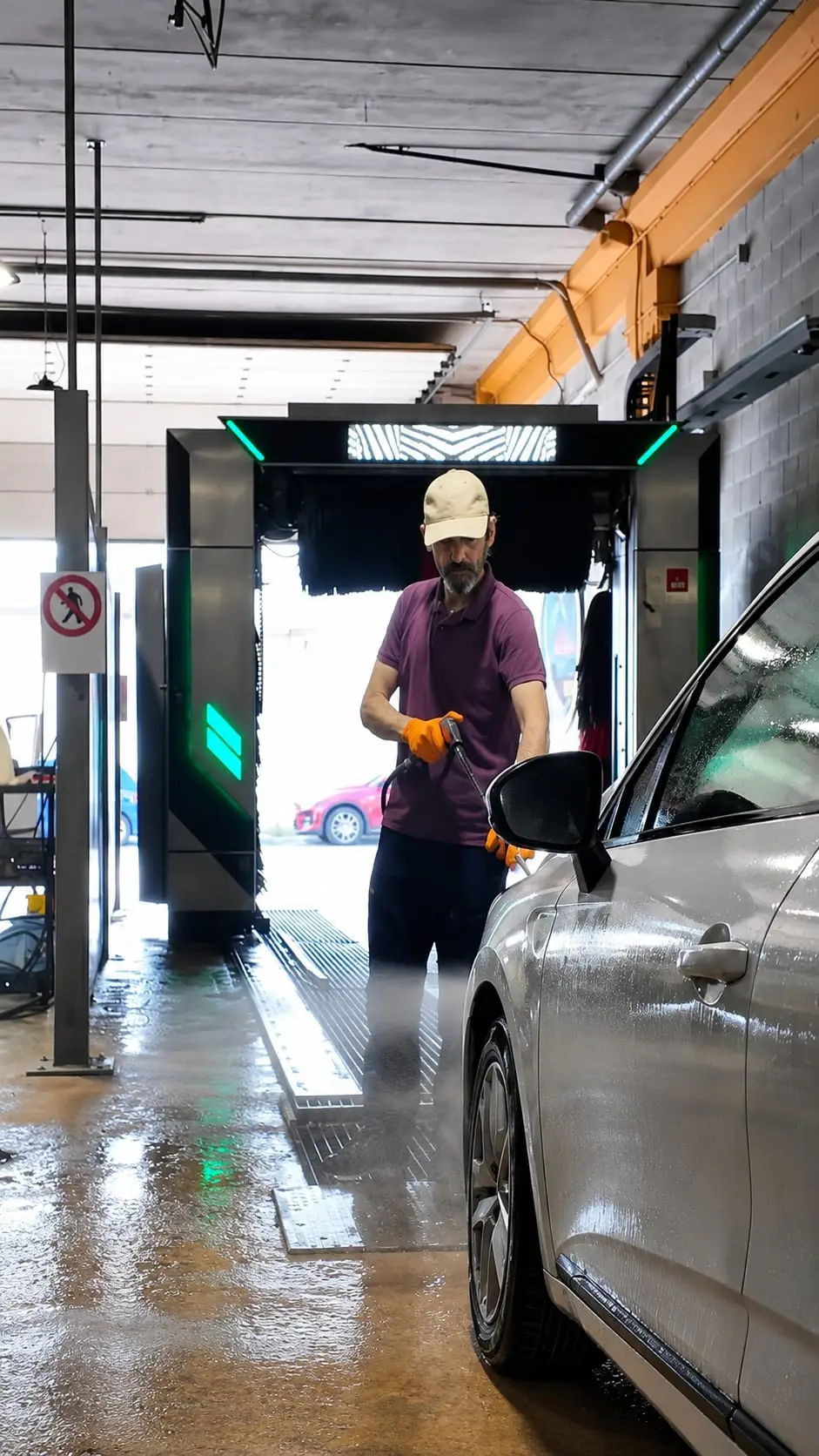 Prelavado a mano del lateral de un coche con agua a presión